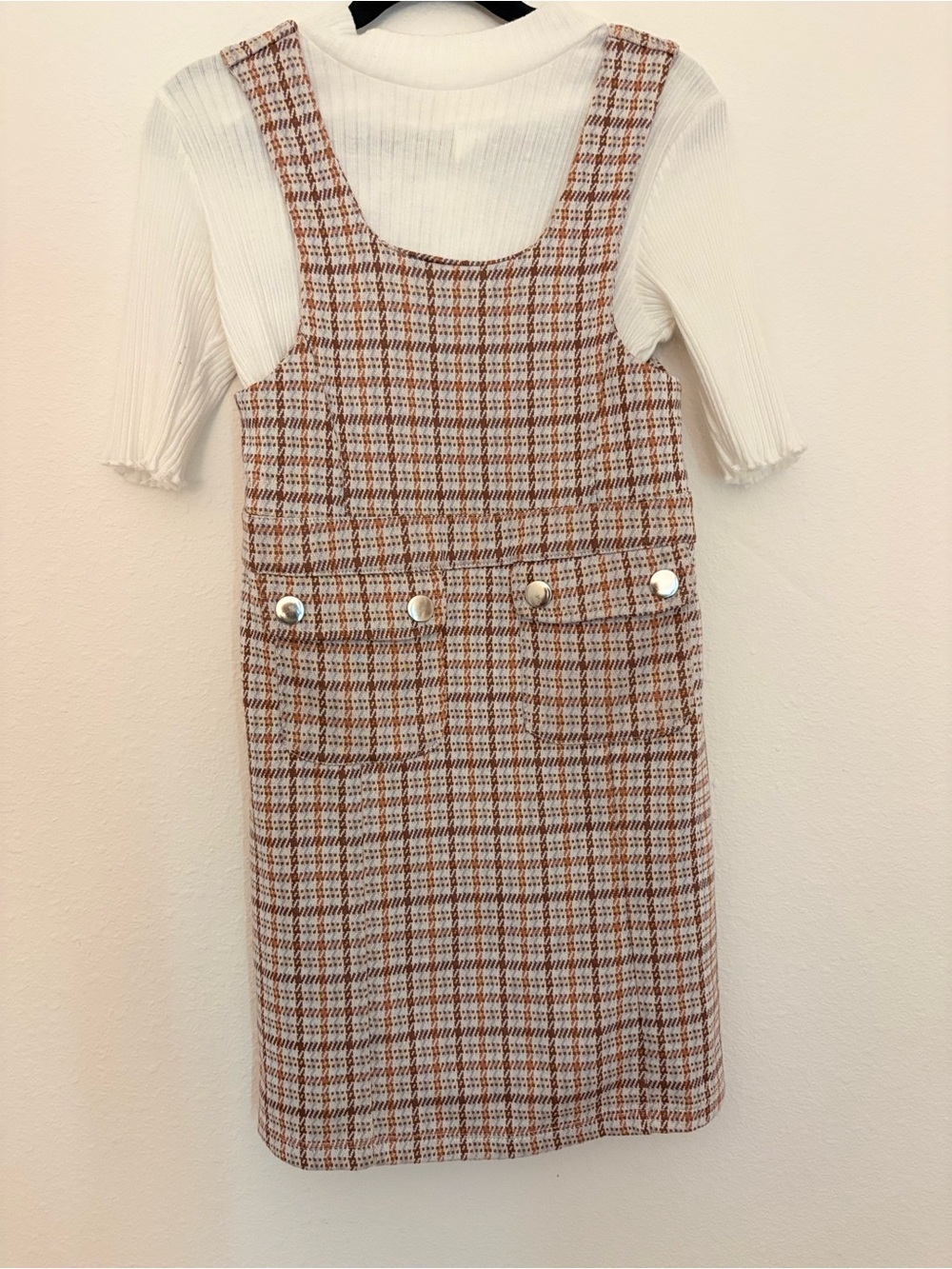 Rachel Zoe Rust and Cream Plaid Pinafore Dress with White Ribbed Tee